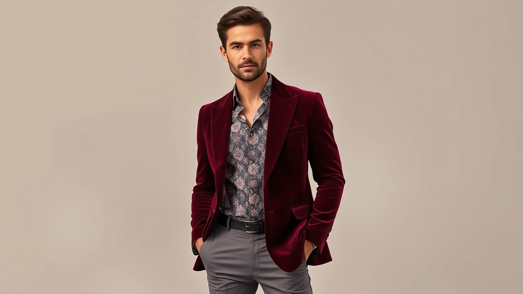 A well-dressed man wearing a burgundy velvet wide-lapel blazer with subtle flare trousers and a patterned shirt, standing confidently against a neutral backdrop, embodying 1970s disco glamour with modern styling