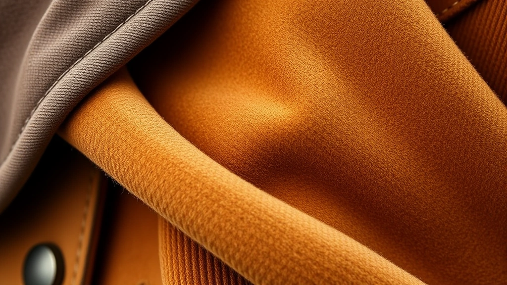 Close-up detail shot of quality suede textures in warm caramel and chocolate tones, layered with corduroy and natural fabrics, showing 70s bohemian material aesthetic with sophisticated earth-tone palette