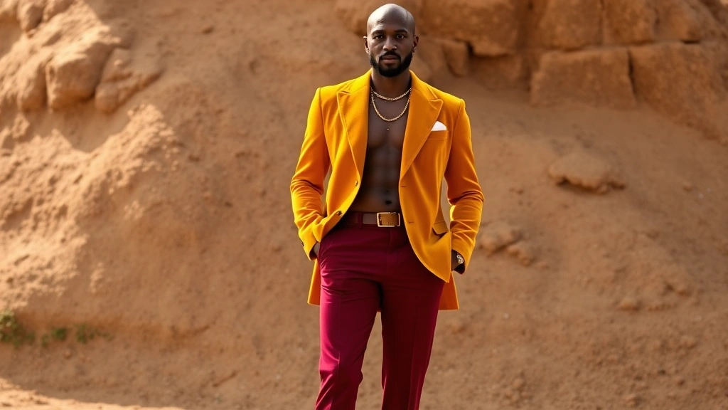 Man wearing mustard-yellow velvet blazer with wide lapels, burgundy bell-bottom trousers, and gold chain necklace, standing confidently in natural lighting with earth-tone background
