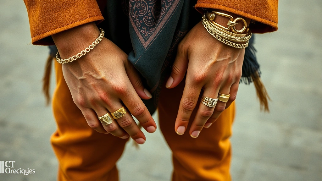 Close-up of 70s menswear details: stacked platform boots in tan suede, patterned silk scarf, multiple gold rings and layered chains on hands, showing texture and materials