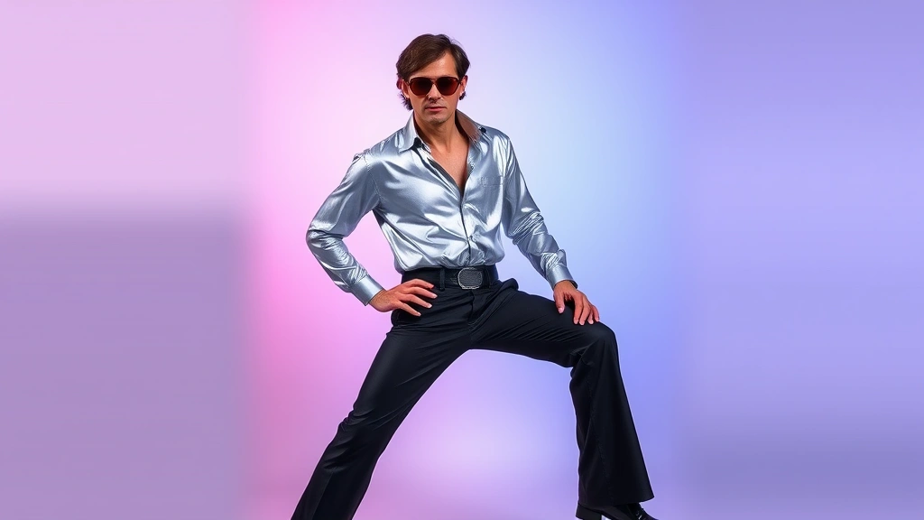 Man styled in complete 70s disco look wearing metallic silver shirt, black flared trousers with high waist, platform shoes, oversized tinted sunglasses, posed dynamically against gradient background