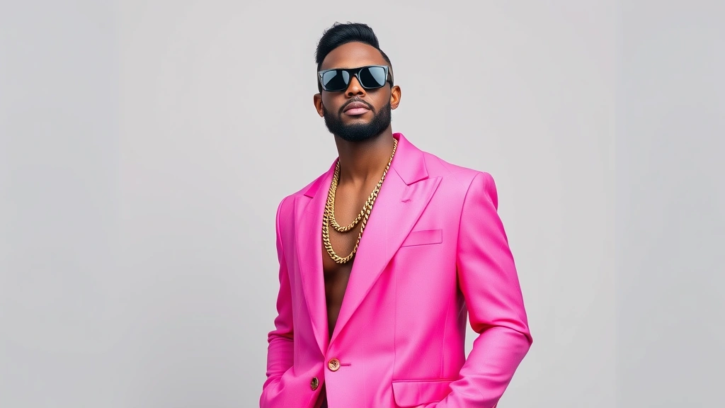 Man wearing oversized neon pink blazer with geometric patterns, bold sunglasses, and chunky gold chain necklace, confident pose against neutral backdrop, professional studio lighting
