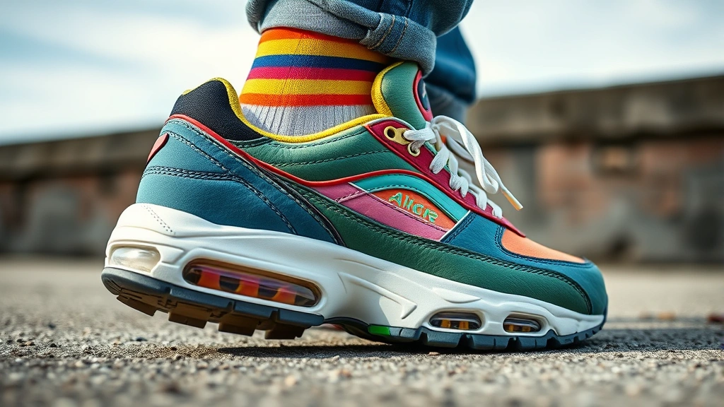 Close-up of vintage 1980s men's sneaker with color-blocked panels, visible air cushioning technology, bright neon accents, worn with colorful athletic socks and acid-washed denim, natural daylight