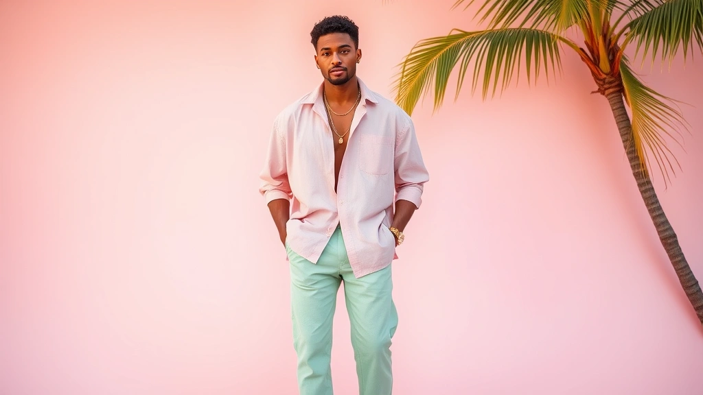 Male model in pastel Miami Vice aesthetic outfit: light pink oversized shirt, mint green linen pants, white sneakers, layered gold jewelry, relaxed confident stance, warm tropical lighting