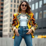 Woman wearing oversized neon 80s blazer with geometric patterns, bold statement jewelry, and high-waisted jeans, posed against urban backdrop with confident expression
