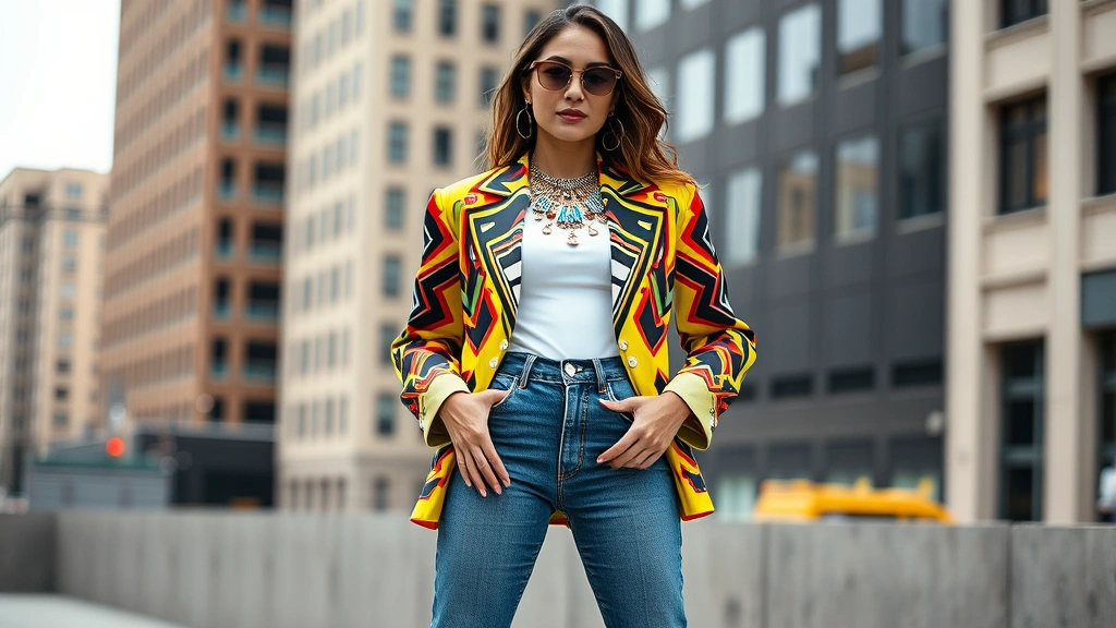 Woman wearing oversized neon 80s blazer with geometric patterns, bold statement jewelry, and high-waisted jeans, posed against urban backdrop with confident expression