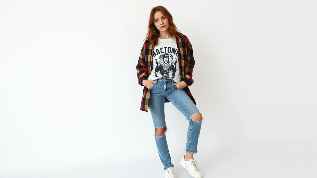 Model in oversized flannel shirt over vintage band t-shirt, distressed ripped jeans, minimalist white sneakers, natural makeup, embodying 90s grunge and minimalist style