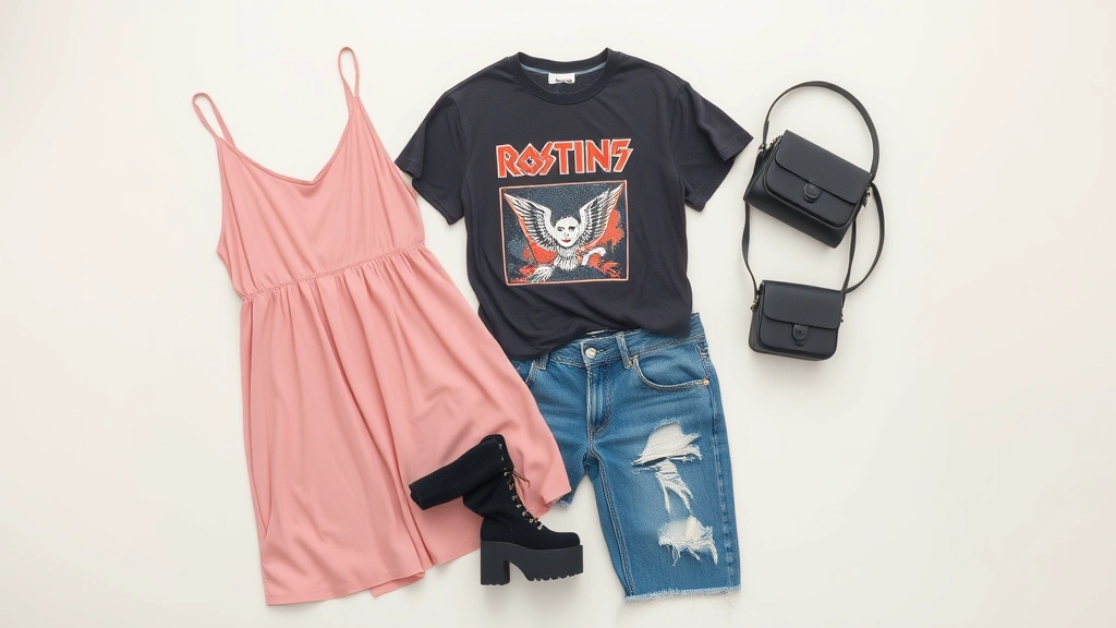 Minimalist flat lay of 90s aesthetic: slip dress, distressed denim, vintage band t-shirt, chunky platform shoes, and small shoulder bag arranged artfully on neutral background