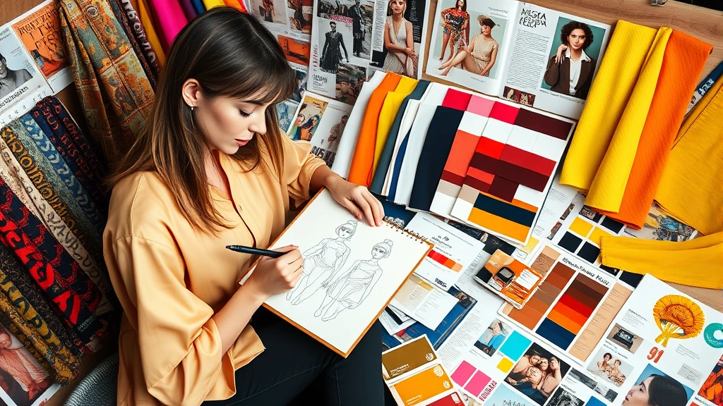 Fashion designer sketching retro-inspired collection, surrounded by fabric swatches in 80s neon and 90s earth tones, mood boards with vintage magazine clippings and color palettes