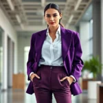 Professional woman wearing oversized structured blazer with broad shoulders in jewel tone purple, crisp white shirt, high-waisted trousers, statement gold chain necklace, confident pose in modern office setting, natural daylight, photorealistic fashion photography