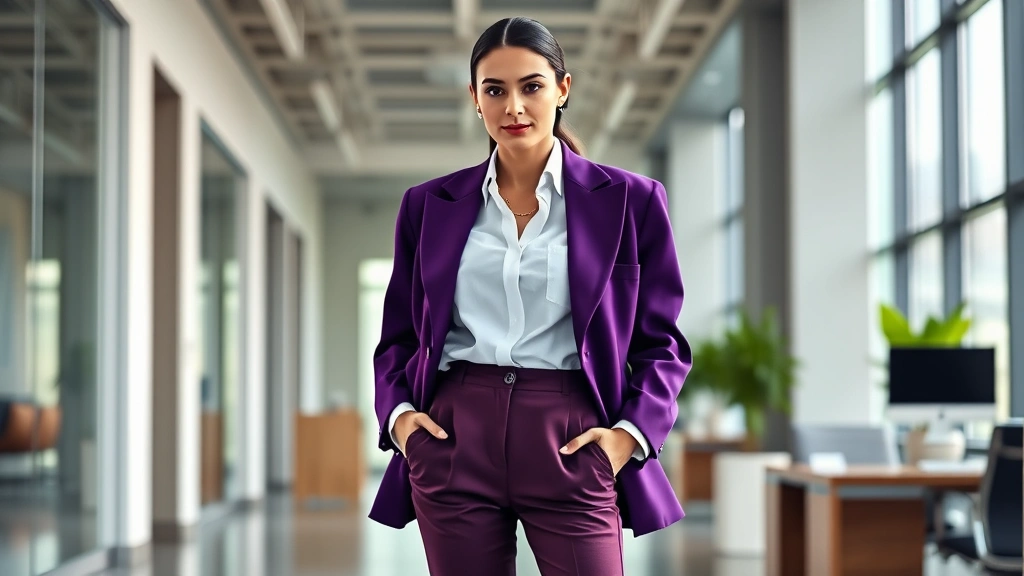 Professional woman wearing oversized structured blazer with broad shoulders in jewel tone purple, crisp white shirt, high-waisted trousers, statement gold chain necklace, confident pose in modern office setting, natural daylight, photorealistic fashion photography