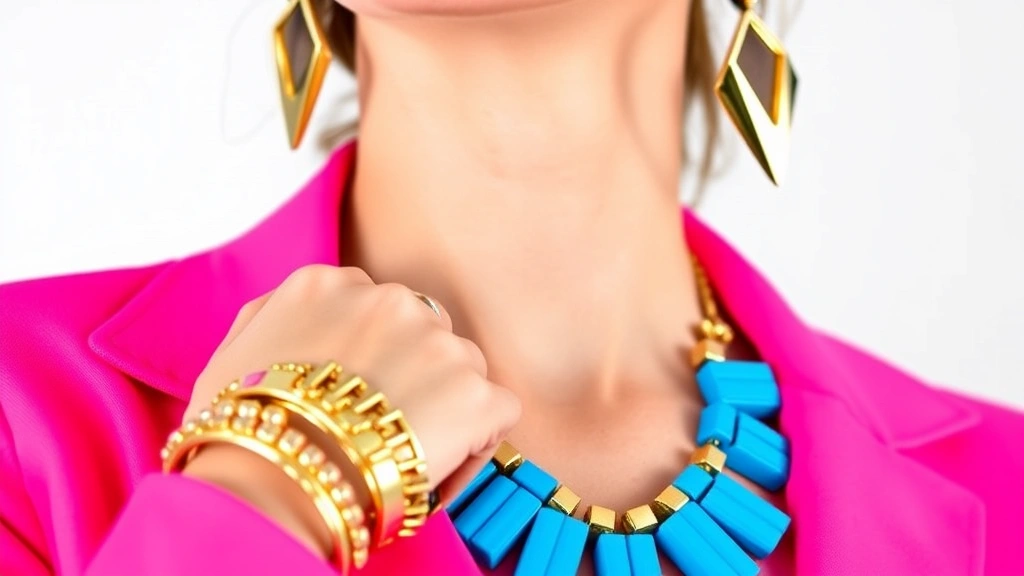 Close-up of vibrant fashion styling featuring neon pink cropped jacket, electric blue statement necklace, chunky gold bracelets stacked on wrist, geometric earrings, metallic sunglasses, against neutral white background, studio lighting, high-fashion editorial style