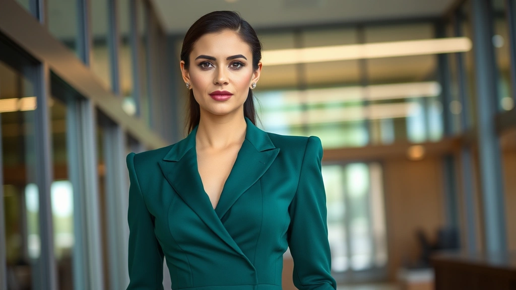Professional woman wearing structured power dress with dramatic padded shoulders in deep emerald green, sharp tailoring, standing confidently in modern office setting, natural lighting highlighting fabric texture and silhouette precision