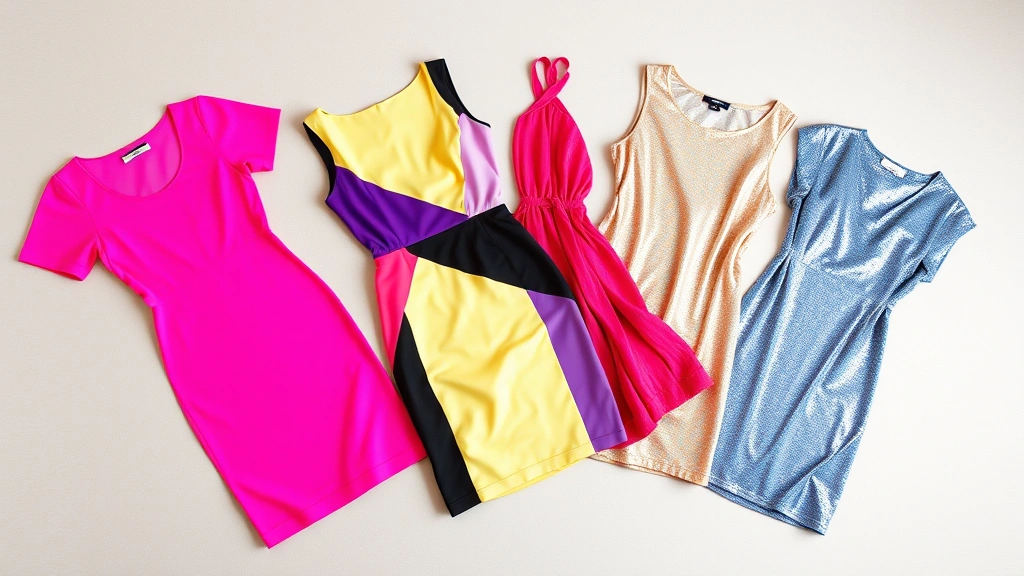 Fashion flat lay of colorful 80s-inspired dresses displaying various styles: neon pink bodycon dress, color-blocked geometric dress in contrasting hues, metalliclamé fabric detail, and textured velour sample, arranged artfully on neutral background