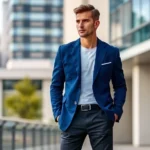 Man wearing structured blazer with subtle shoulder pads in jewel tone blue, paired with tailored dark trousers and contemporary white sneakers, photographed in modern urban setting with natural lighting