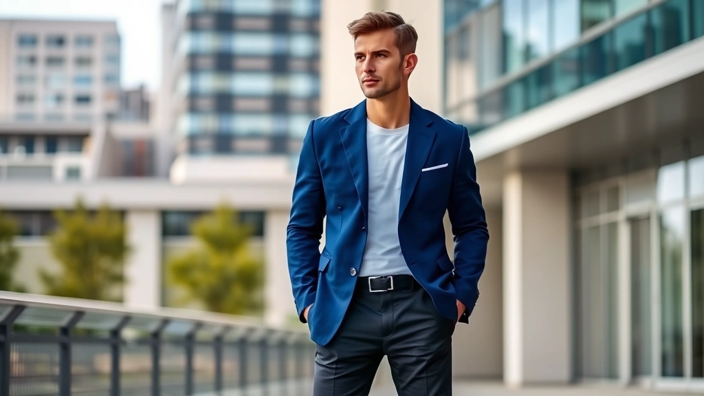Man wearing structured blazer with subtle shoulder pads in jewel tone blue, paired with tailored dark trousers and contemporary white sneakers, photographed in modern urban setting with natural lighting