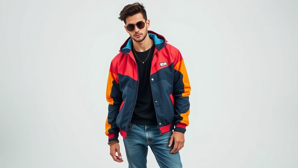 Fashion-forward male model in colorful windbreaker with geometric color-blocking, styled with fitted jeans and leather accessories, posing confidently in minimalist studio environment