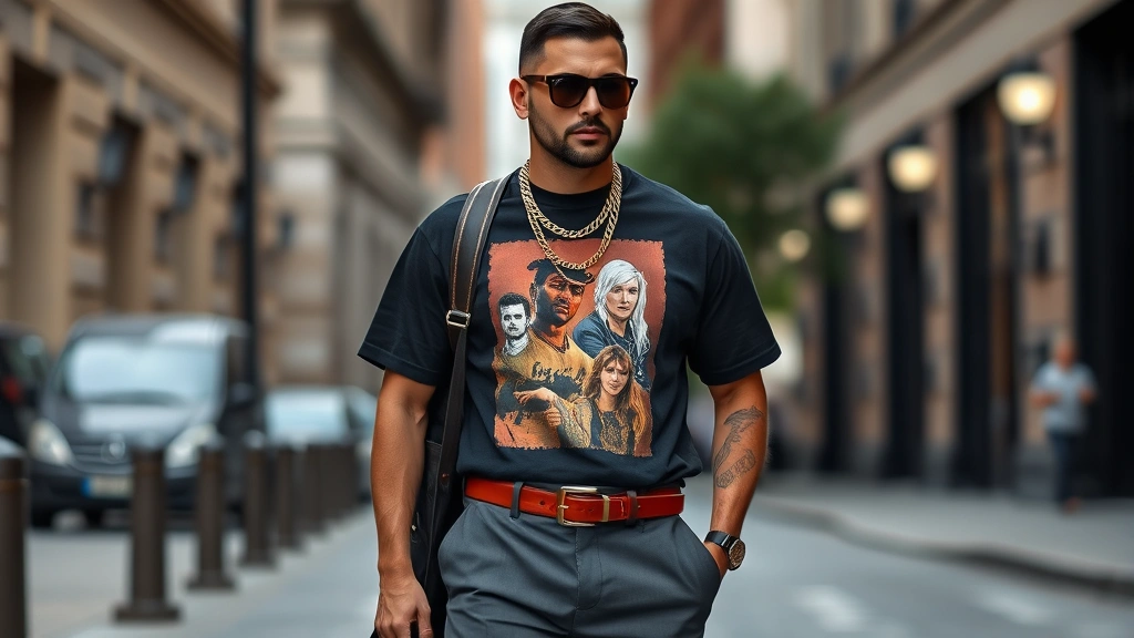 Stylish man wearing oversized graphic t-shirt tucked into high-waisted tailored trousers with quality leather belt, layered gold chains, and vintage-inspired sunglasses, shot in contemporary urban street setting