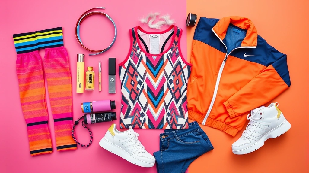 Flat lay of 80s fitness essentials: neon leg warmers, colorful sweatbands, metallic headband, geometric patterned tank top, bright windbreaker, and chunky white sneakers arranged artfully on colorful background