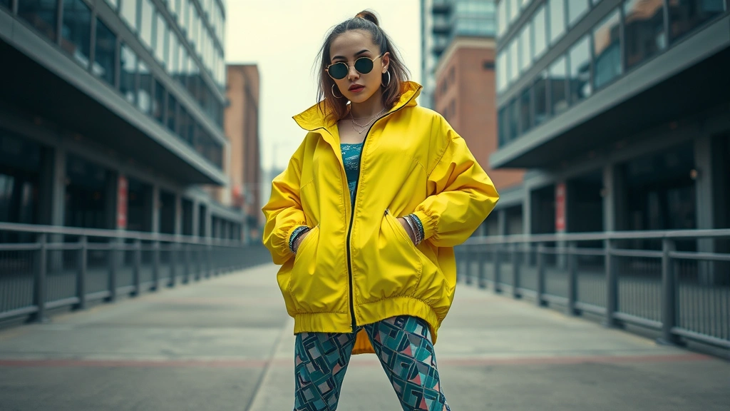 Person wearing oversized neon yellow windbreaker over geometric patterned leggings, leg warmers, and metallic accessories, posing in contemporary urban setting with vintage gym aesthetic, confident expression, photorealistic style