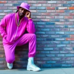 Stylish person wearing bright neon purple and pink color-blocked tracksuit with oversized fit, high-top white sneakers, thick gold chain necklace, and bucket hat against urban brick wall background. Natural daylight, confident pose, authentic 80s hip hop aesthetic.