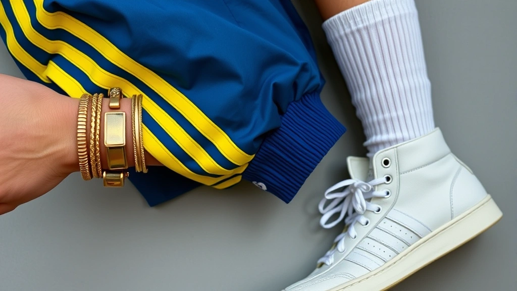Close-up detail shot of vintage Adidas tracksuit jacket sleeve showing iconic three stripes in contrasting neon yellow, paired with oversized wrist gold jewelry and white socks visible above classic high-top sneaker. Flat lay lifestyle photography style.