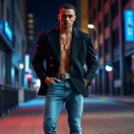 Male model wearing oversized blazer with pronounced shoulder pads, acid-washed jeans, white sneakers, and layered gold chains, standing confidently against urban backdrop with neon lighting