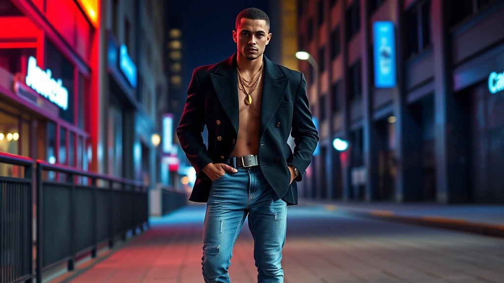 Male model wearing oversized blazer with pronounced shoulder pads, acid-washed jeans, white sneakers, and layered gold chains, standing confidently against urban backdrop with neon lighting
