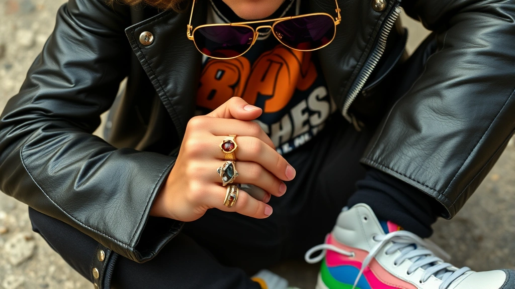 Close-up of 80s male fashion styling details: leather motorcycle jacket, graphic t-shirt, leg warmers, chunky rings, aviator sunglasses, and colorful sneakers arranged artistically