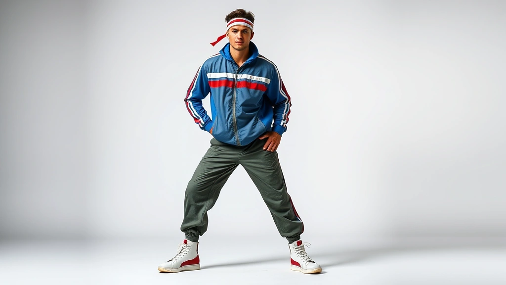 Man in vintage windbreaker with racing stripes, parachute pants, high-top sneakers, and sweatband headband, posed dynamically in studio setting with geometric backdrop