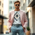 Male model wearing oversized pastel pink blazer with geometric patterned t-shirt, high-waist tapered jeans, and vintage sunglasses, standing confidently in urban setting with natural lighting