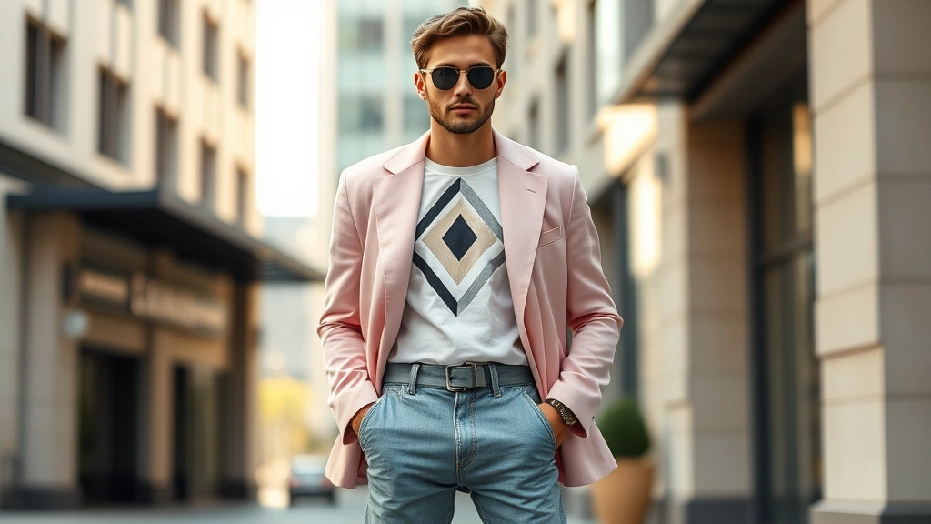 Male model wearing oversized pastel pink blazer with geometric patterned t-shirt, high-waist tapered jeans, and vintage sunglasses, standing confidently in urban setting with natural lighting