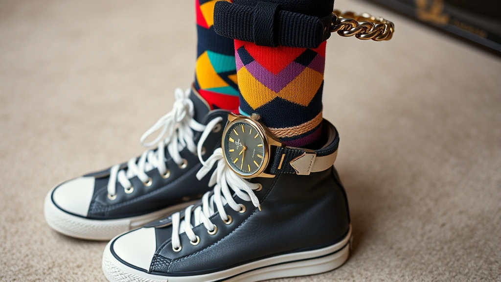 Close-up of 80s fashion styling details: colorful socks with geometric patterns visible above high-top sneakers, chunky watch, multiple bracelets, and wide belt with metallic buckle on neutral background