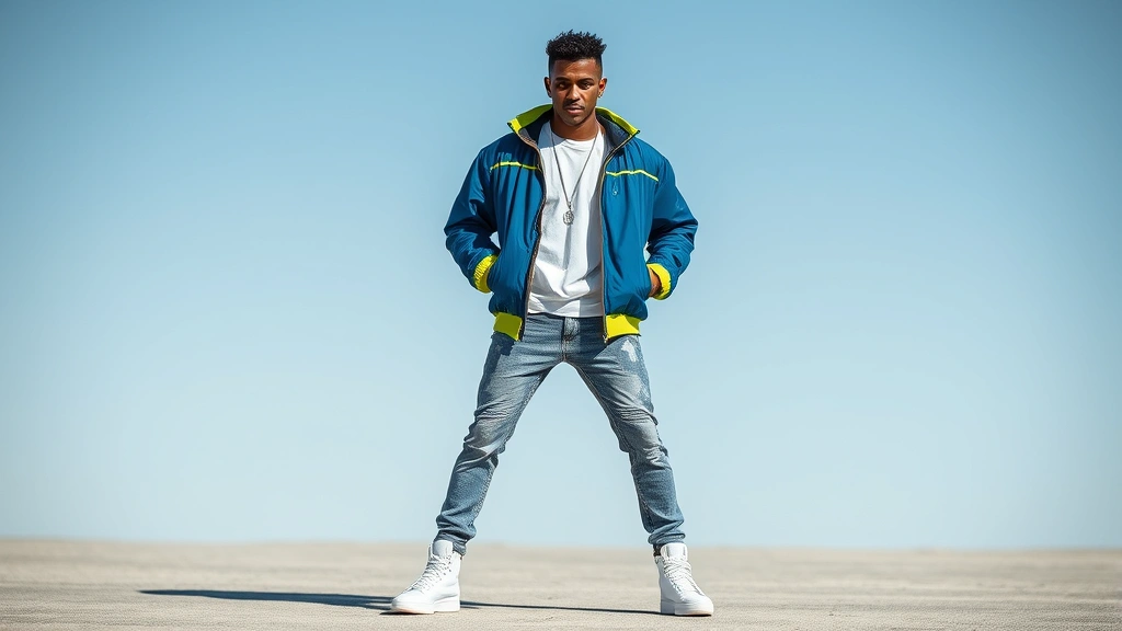 Full-body shot of man in neon-trimmed windbreaker jacket, acid-washed denim, and white high-top sneakers, posed dynamically with confident expression in bright natural daylight