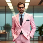 Man wearing oversized pastel pink blazer with exaggerated shoulder pads and matching trousers, standing confidently in modern office setting, professional power dressing 1980s style, Miami Vice aesthetic