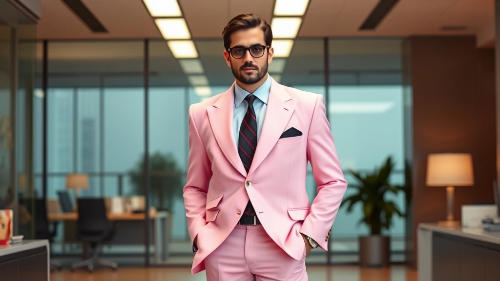 Man wearing oversized pastel pink blazer with exaggerated shoulder pads and matching trousers, standing confidently in modern office setting, professional power dressing 1980s style, Miami Vice aesthetic