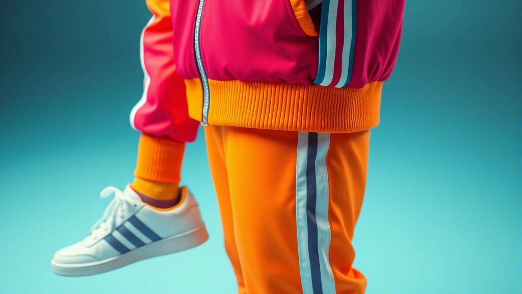Close-up of vintage 80s athletic wear: neon color-blocked Adidas tracksuit jacket and matching sweatpants, with white sneakers and bright socks visible, vibrant retro sportswear styling