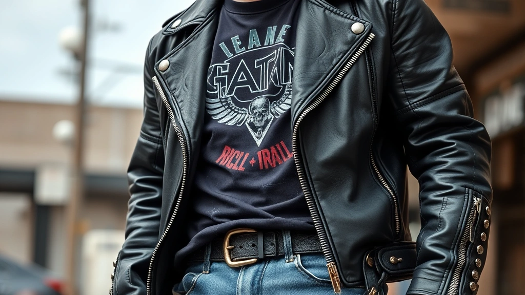 Man in distressed acid-washed denim jeans and black leather motorcycle jacket with metal studs and zippers, wearing oversized band t-shirt, rebellious punk rock aesthetic, casual 80s street style