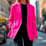 Oversized neon pink blazer paired with black tailored trousers, worn by fashionable person on urban street, natural daylight highlighting fluorescent fabric texture and modern styling