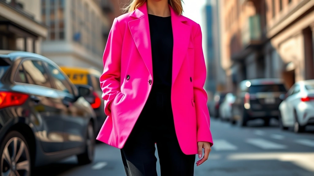 Oversized neon pink blazer paired with black tailored trousers, worn by fashionable person on urban street, natural daylight highlighting fluorescent fabric texture and modern styling