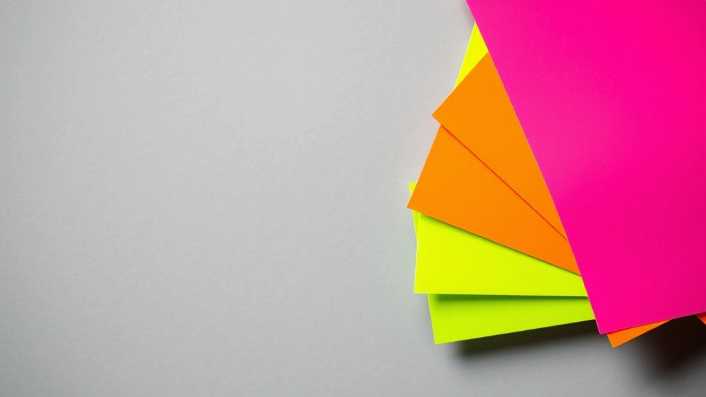 Close-up of neon color palette swatches including electric lime, hot pink, and bright orange against neutral gray background, professional fashion photography style