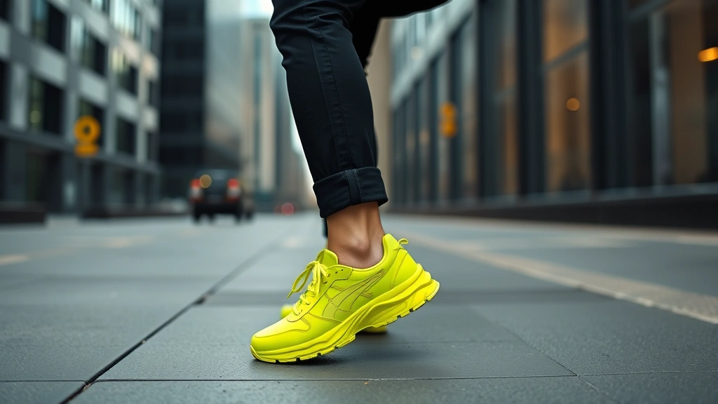 Street style shot of person wearing neon yellow sneakers with all-black minimalist outfit, walking through contemporary city setting, showcasing strategic neon accent styling