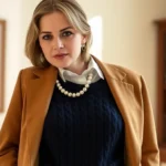 Woman wearing navy cable-knit sweater layered over crisp white oxford shirt with pearl necklace, structured camel blazer draped over shoulders, standing in sunlit room with refined interior background