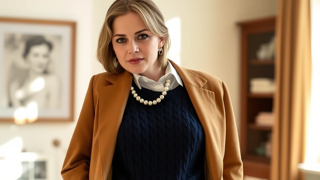 Woman wearing navy cable-knit sweater layered over crisp white oxford shirt with pearl necklace, structured camel blazer draped over shoulders, standing in sunlit room with refined interior background