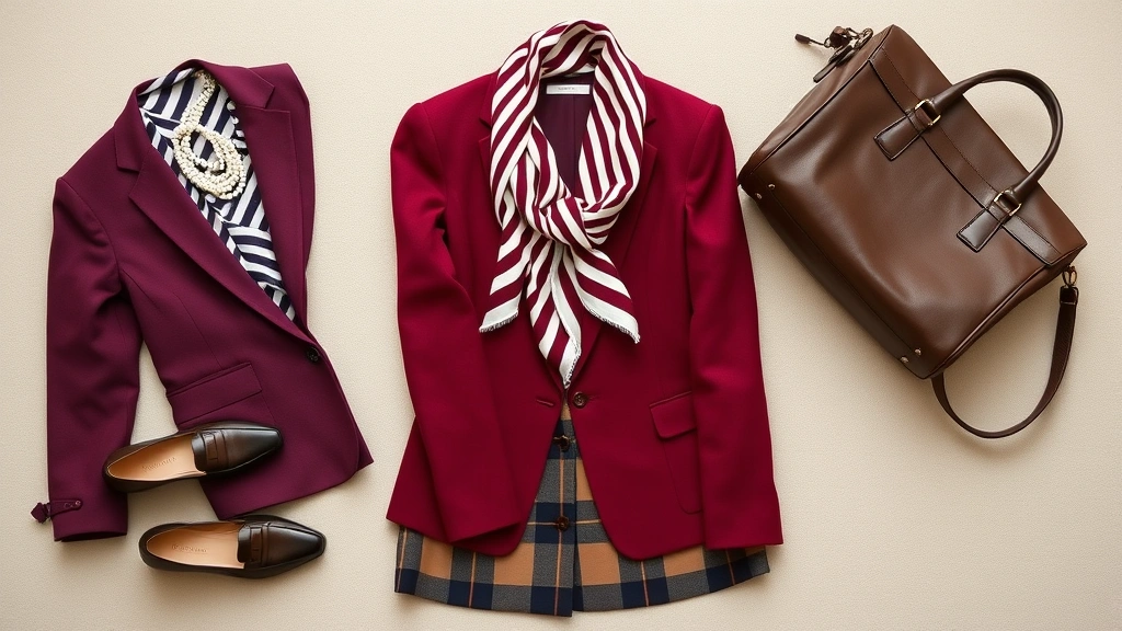 Flat lay arrangement of preppy wardrobe essentials including burgundy blazer, striped silk scarf, pearl jewelry, leather loafers, plaid skirt, and structured leather handbag on neutral background