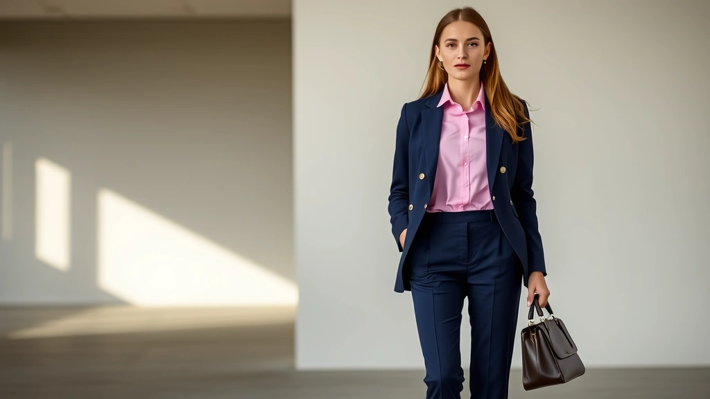 Young woman in tailored navy trousers, pink button-up shirt, structured blazer, and penny loafers, holding designer handbag, photographed against minimalist architectural backdrop with natural lighting