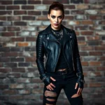 Edgy model wearing black leather jacket with silver chains, ripped black denim, heavy combat boots, dramatic makeup with bold eyeliner, standing against urban brick wall background, moody lighting, rebellious confident pose, photorealistic high fashion photography