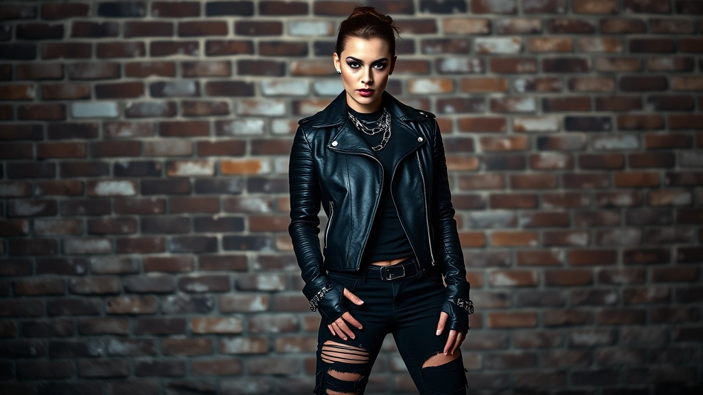 Edgy model wearing black leather jacket with silver chains, ripped black denim, heavy combat boots, dramatic makeup with bold eyeliner, standing against urban brick wall background, moody lighting, rebellious confident pose, photorealistic high fashion photography