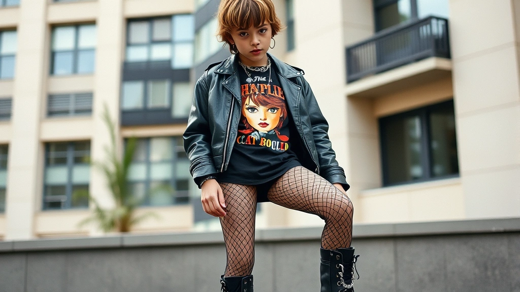 Young person styling punk outfit with vintage band tee, leather jacket, patterned tights, platform boots, multiple chain accessories, demonstrating modern casual punk interpretation in contemporary urban setting, natural daylight, authentic street style aesthetic