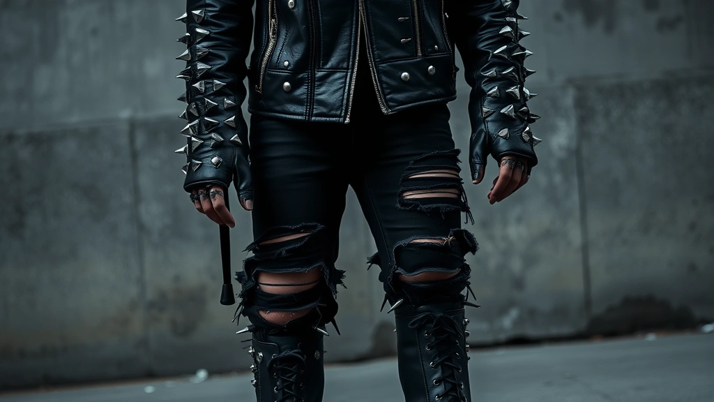 Black leather motorcycle jacket heavily studded with metal spikes and rivets, worn over ripped distressed black jeans with safety pins, paired with heavy black combat boots, against urban concrete wall background, dramatic moody lighting